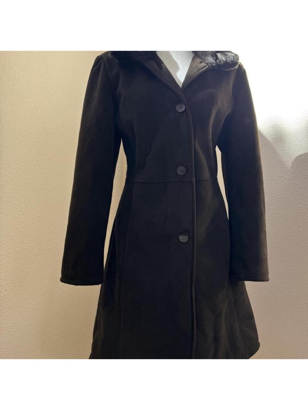 Dana Buchman Black Faux Fur Trim Coat